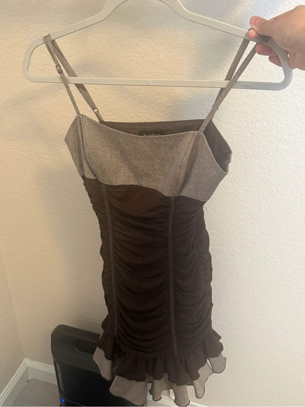 Vintage Bebe Ruched Two Tone Tweed Mini Dress Brown Grey Size 4